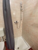 Un área de ducha con cabezal, ducha de mano y desagüe.