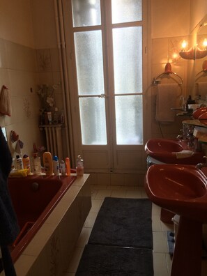 Bañera con ducha, secador de pelo, toallas