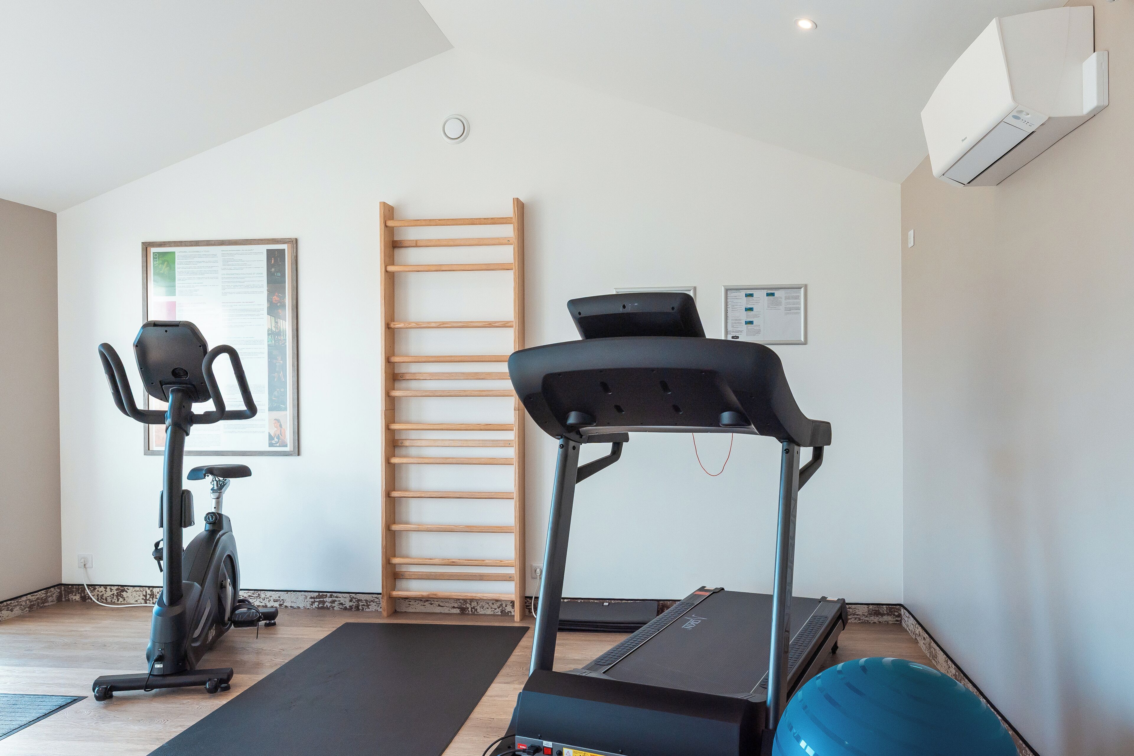 A home gym with a treadmill, stationary bike, and exercise ball.