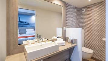 Shower, rainfall showerhead, hair dryer, towels
