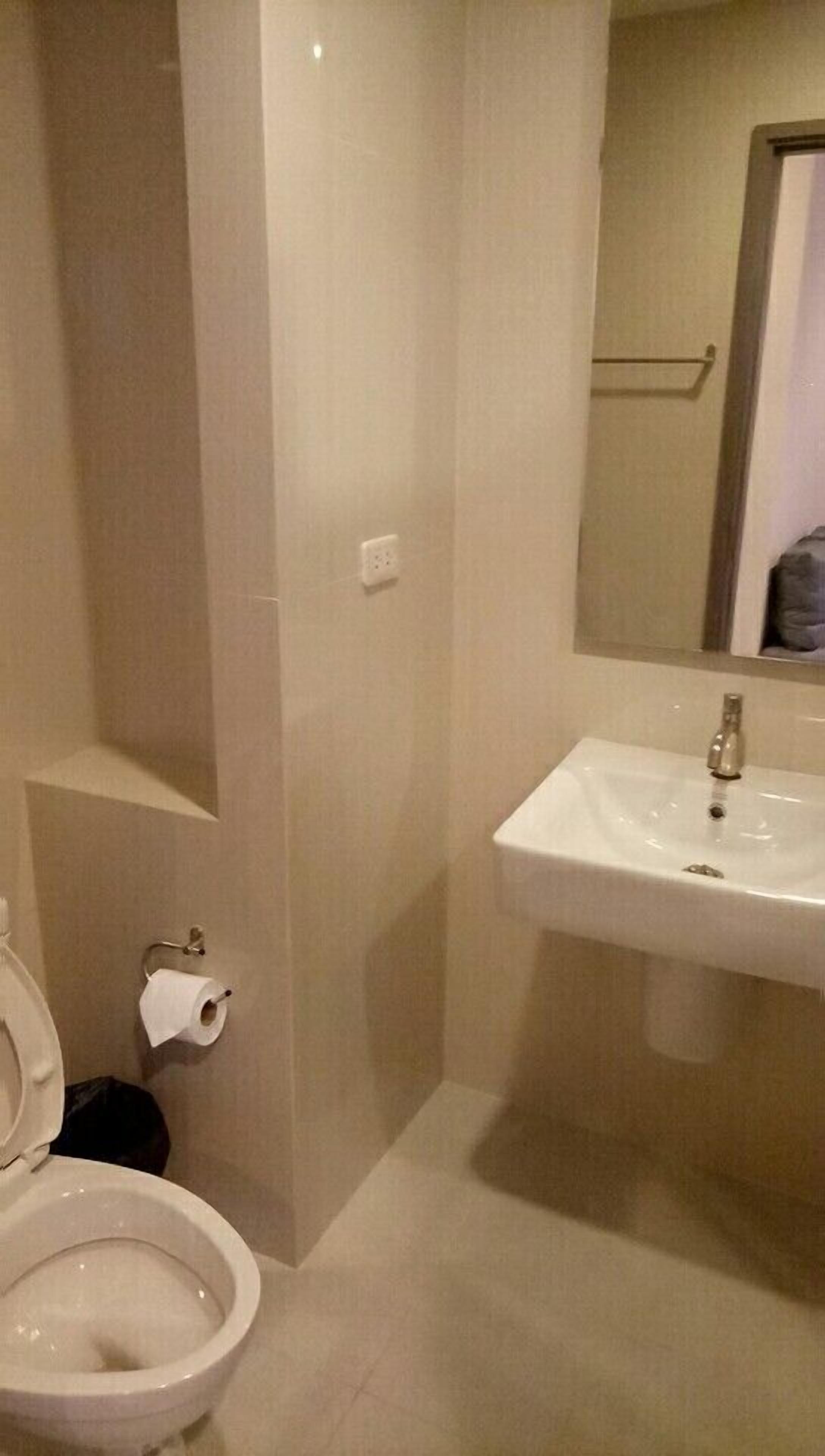 A bathroom with a toilet, sink, and mirror.