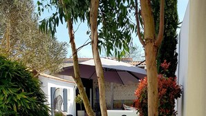Uma área de pátio com piscina, mobiliário para área externa e um gramado bem cuidado.
