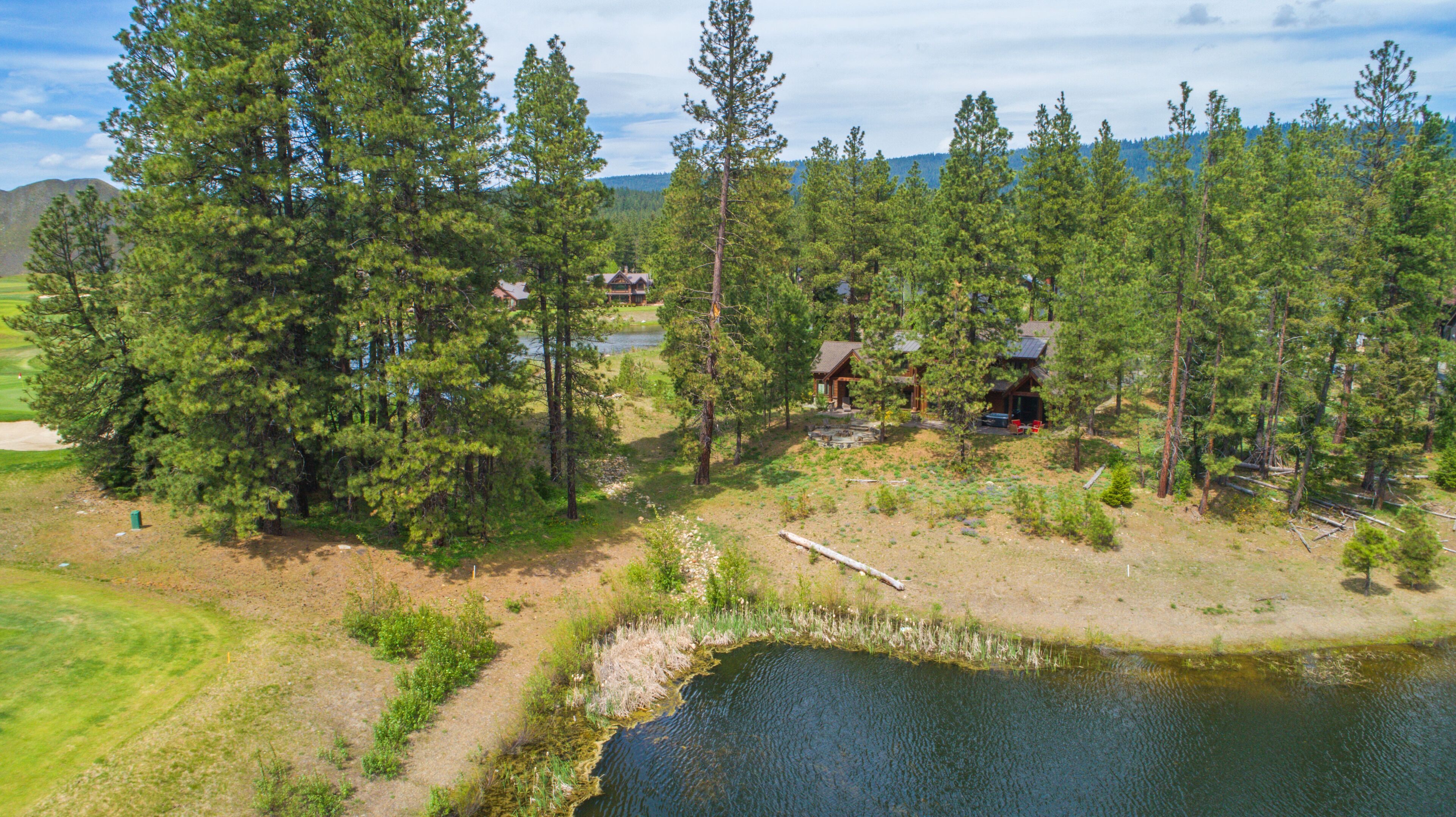 A cabin surrounded by dense forest and a small pond.
