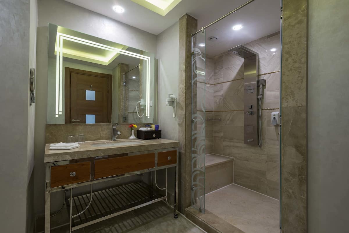 A modern bathroom with a glass-enclosed shower, a vanity with a mirror, and a sink.