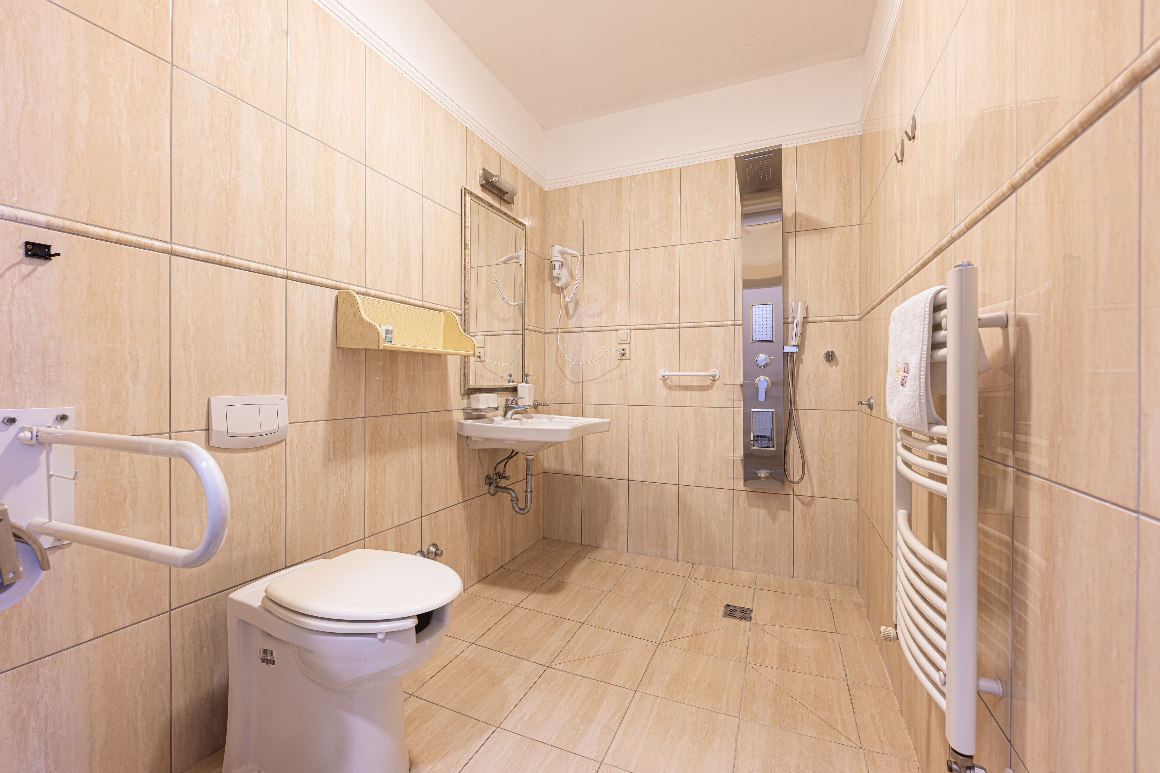 Een moderne badkamer met toilet, wastafel, douche en handgrepen.
