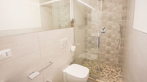 Ein modernes Badezimmer mit einer gläsernen Duschkabine, einer Toilette und einem Spiegel.