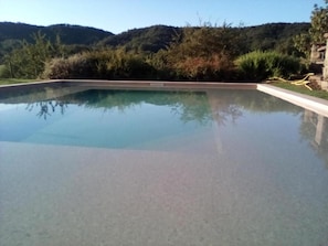 A clear swimming pool with a view of a forested hillside. - Mas La Serra (Rupit I Pruit)