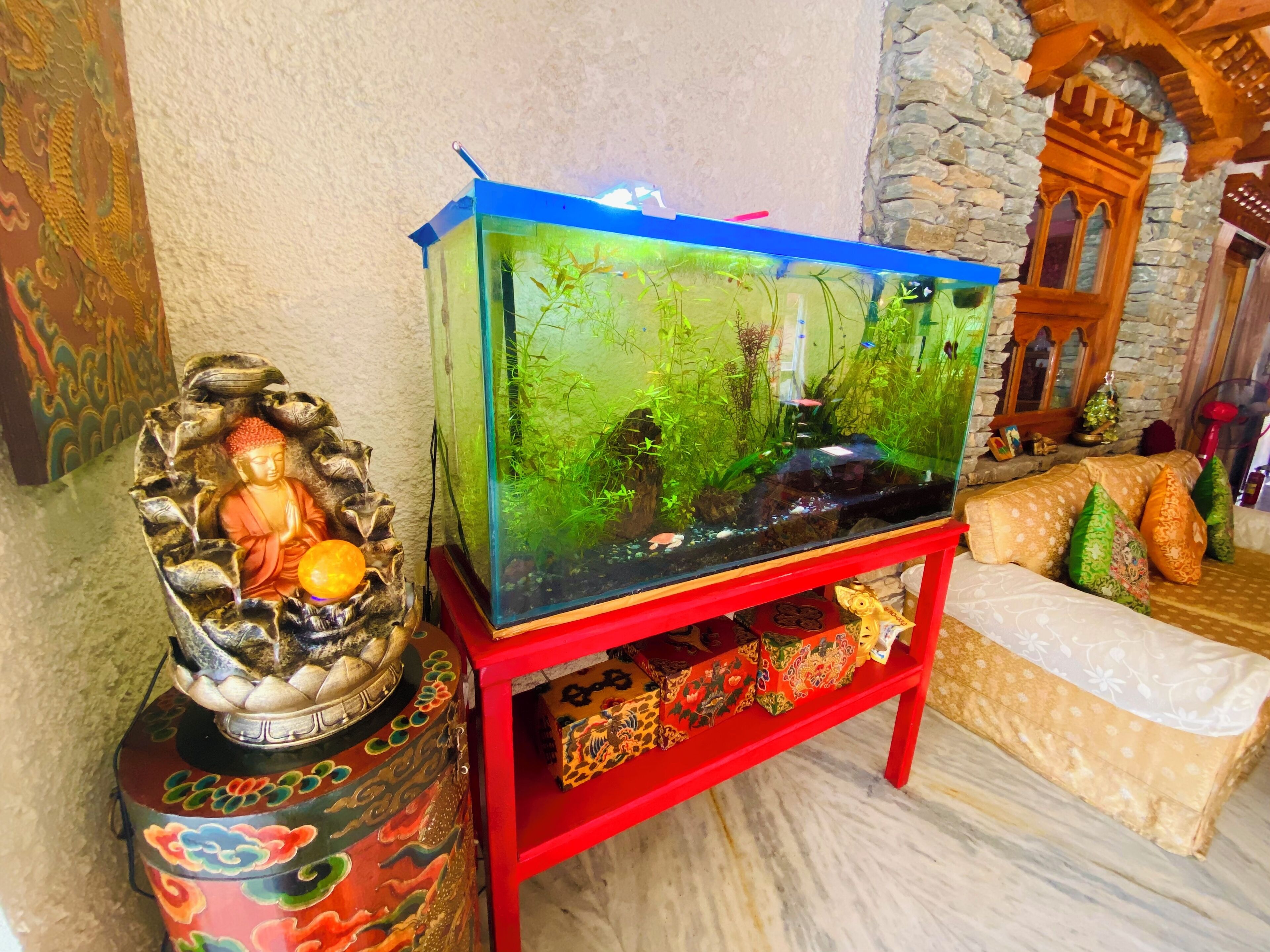 A fish tank on a red stand with a Buddha statue beside it.