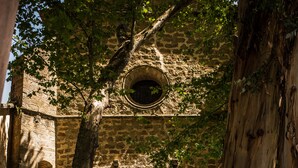 Een gebouw van steen met een centrale boogvormige ingang, omringd door bomen en een pad.