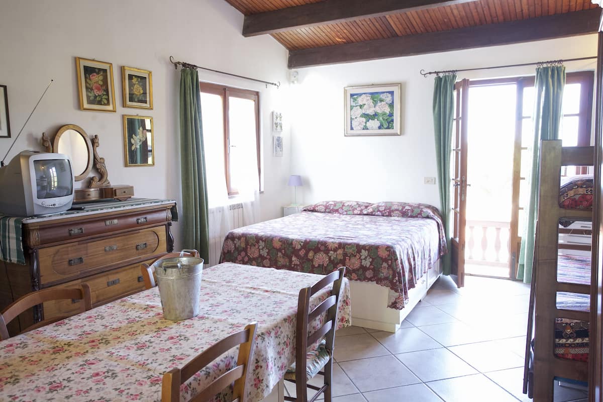 Une pièce comprenant un lit, une table avec des chaises, une commode, un téléviseur et une fenêtre avec des rideaux.