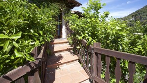 A wooden staircase with a railing, surrounded by lush green foliage. - Appartamenti Cotoncello (Marciana)