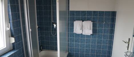 Un baño con ducha de vidrio, paredes con azulejos azules y un lavamanos blanco.