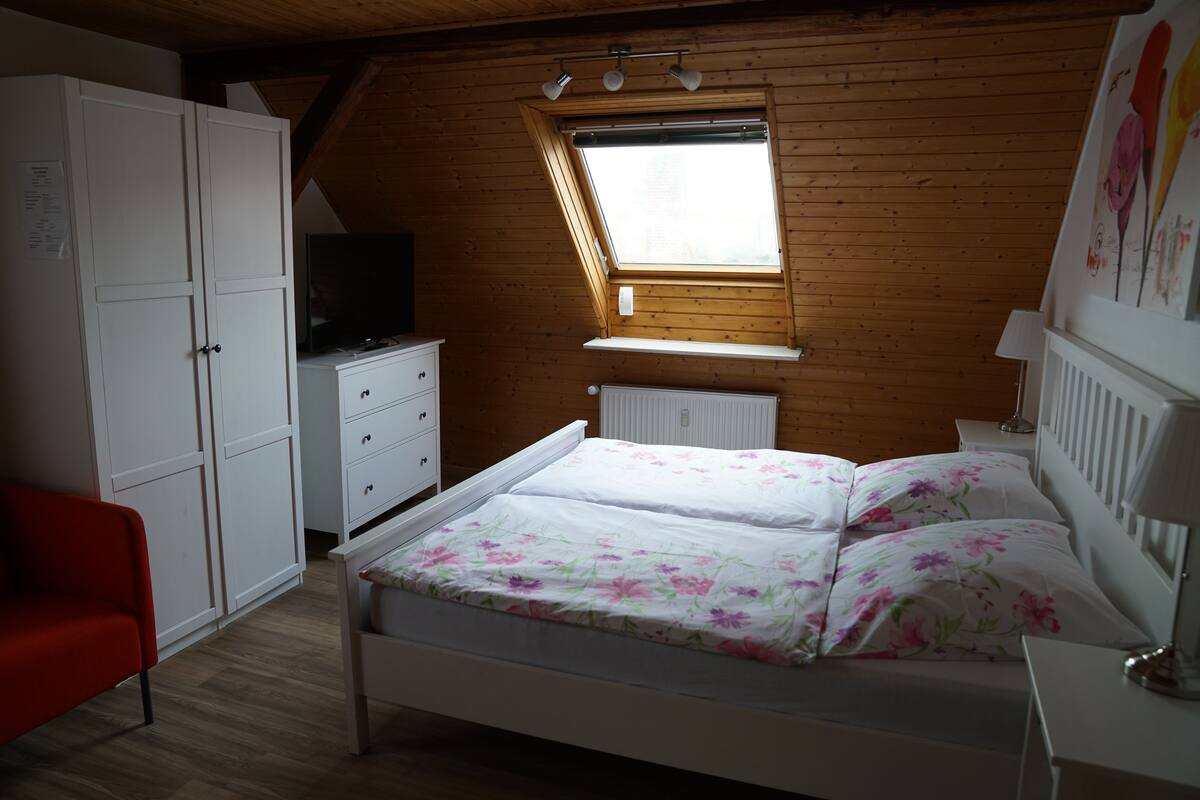 Une chambre à coucher avec un lit, une télévision, une armoire, un fauteuil rouge et une lucarne.