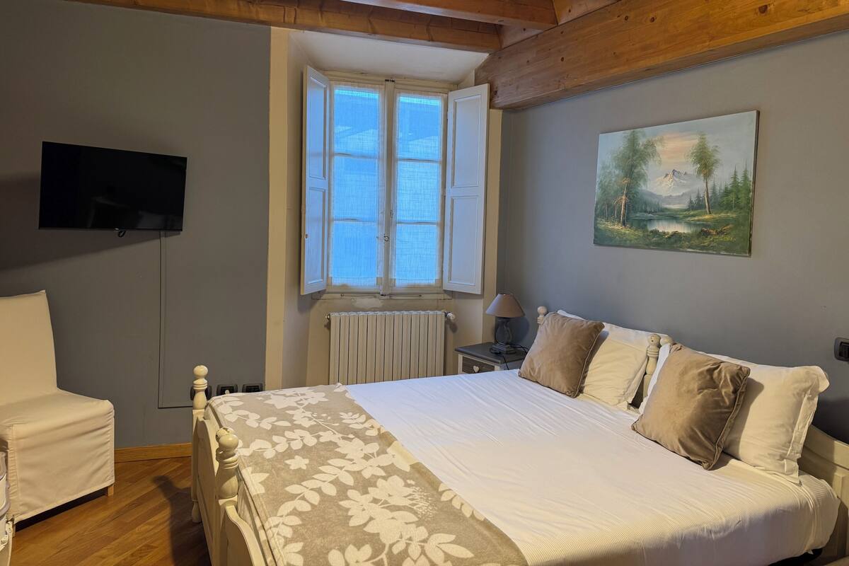 A bedroom with a bed, a chair, a painting, a window, and a TV.