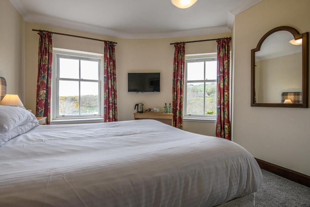 A hotel room with a large bed, a flat-screen TV, two windows with curtains, a bedside table, and a mirror.