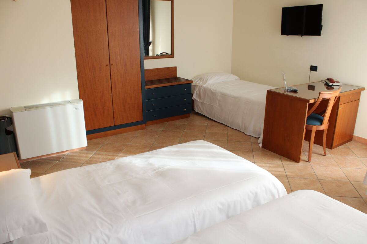 A hotel room with two beds, a desk, a chair, a wardrobe, a mirror, and a television.