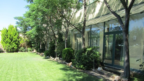 A well-maintained lawn with a row of trees and shrubs, a stone pathway, and a building with large windows and a glass door. - Lo Raco de l’Olivera (Granyanella)