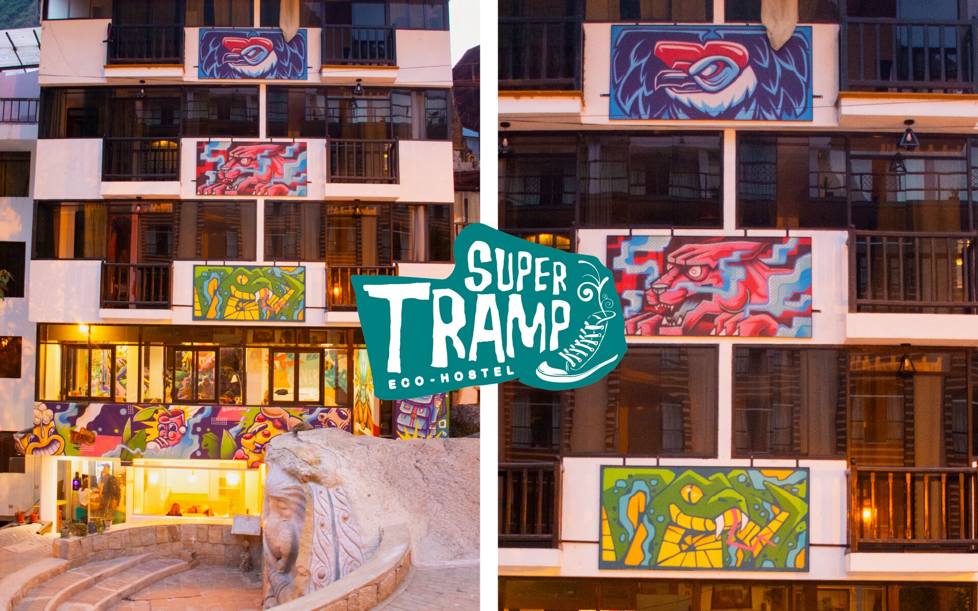A hostel with colorful murals and a stone lion statue.