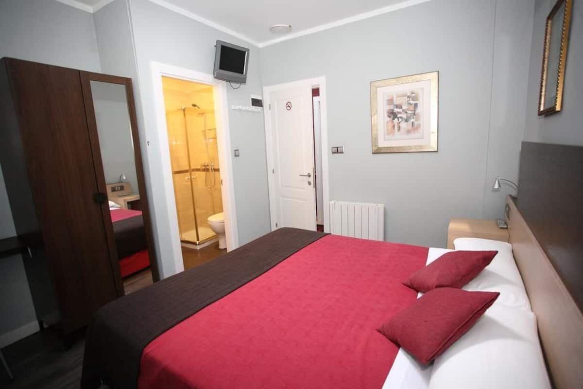 A hotel room with a bed, a shower area, a toilet, and a television on the wall.