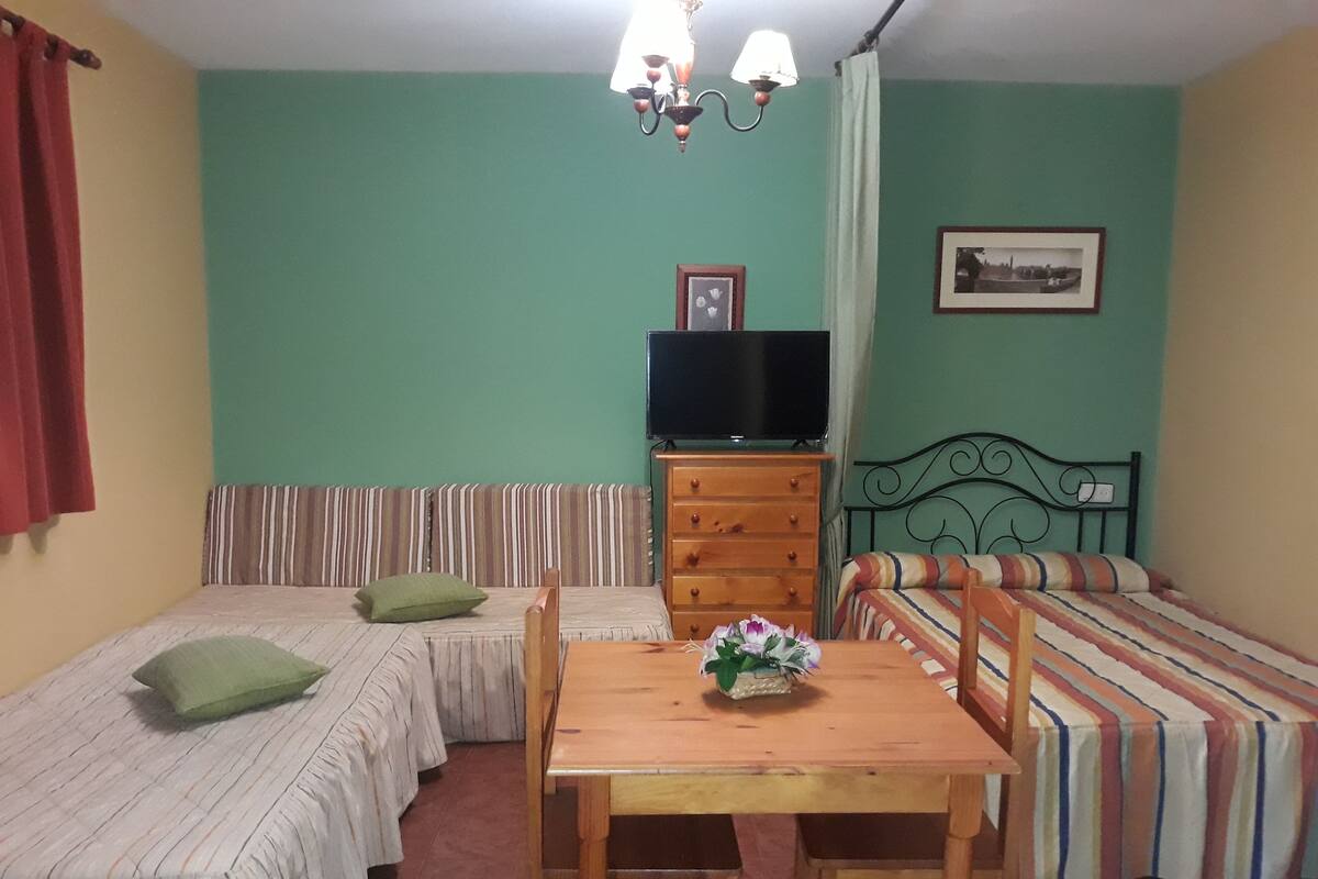 Una habitación con dos camas individuales, una mesa de madera y un televisor.