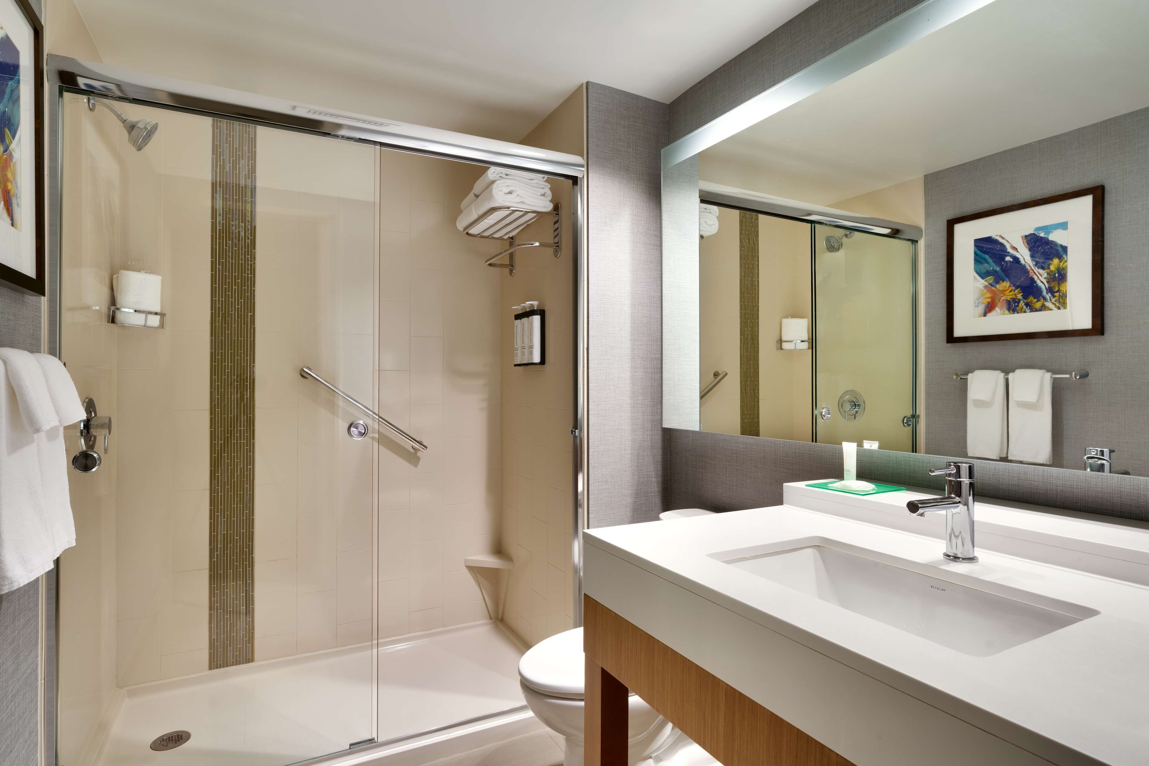 A modern bathroom with a glass-enclosed shower, a white sink, and a large mirror.