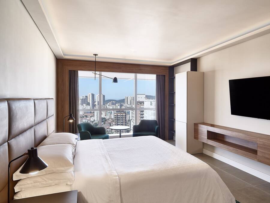A modern hotel room with a large bed, a TV mounted on the wall, and a city view through the window.