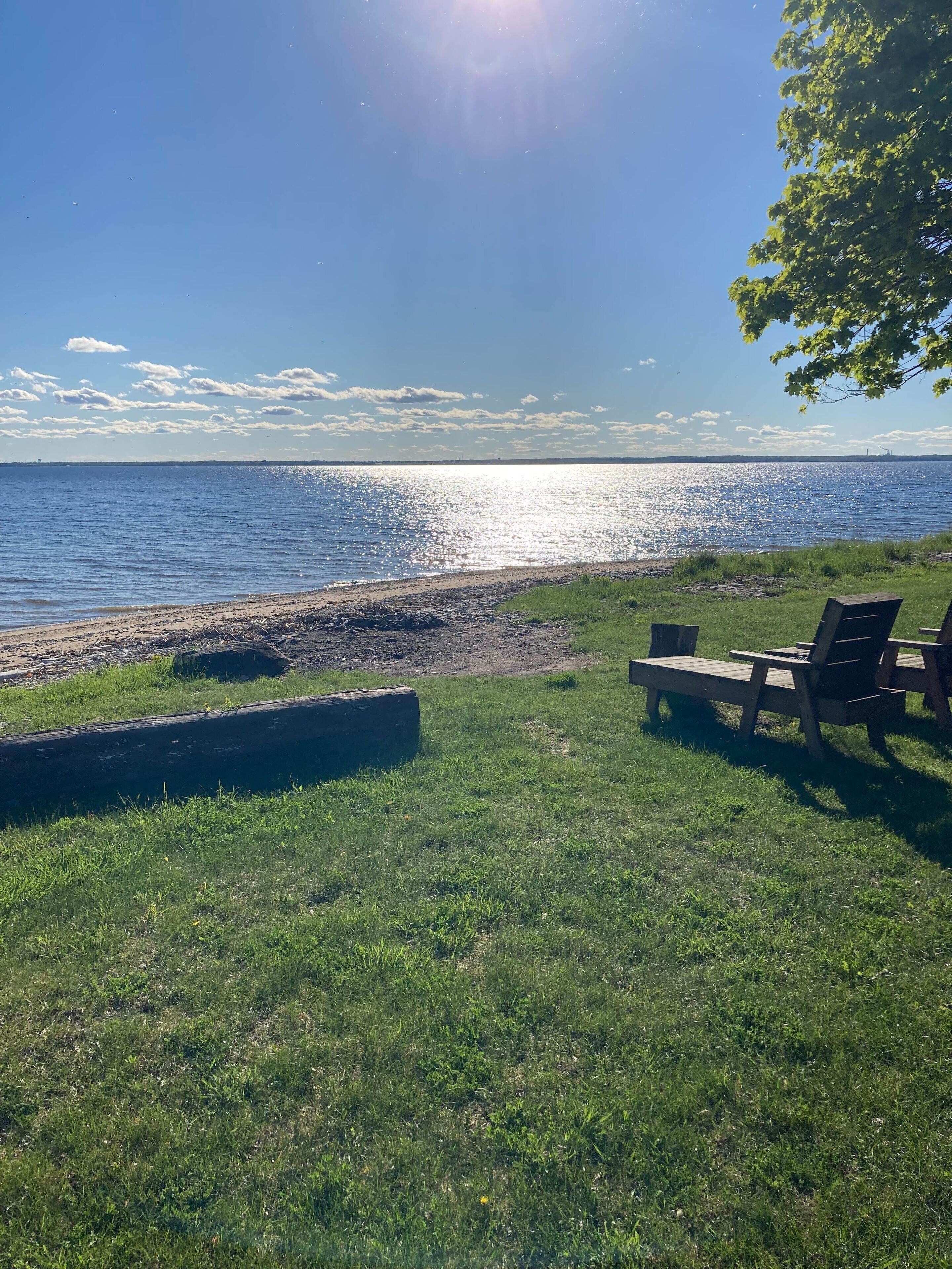 A grassy area with a bench and a table near a body of water.