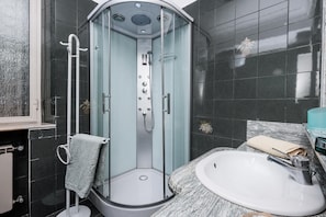 Shower, hair dryer, bidet, towels