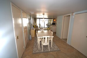 Dining - Comfortable, spacious 2 bedroom oceanfront condo with free WiFi, an indoor pool, and a covered balcony with a wonderful ocean view located uptown just steps to the beach! (Ocean City)
