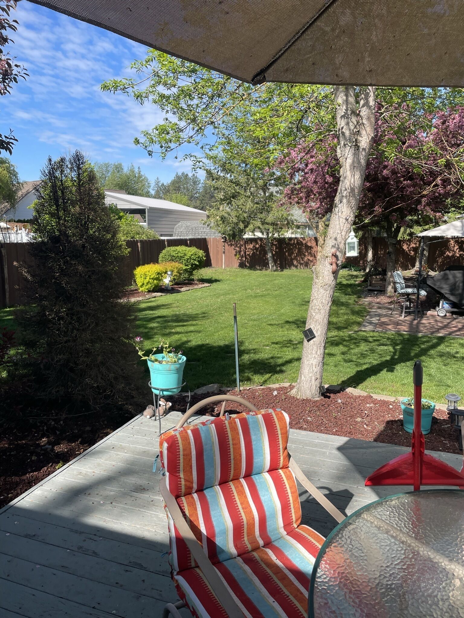 A covered patio with a striped cushion, a glass table, and a view of a backyard with a lawn, trees, and a house.