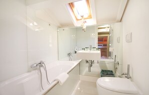 Bathtub, hair dryer, bidet, towels