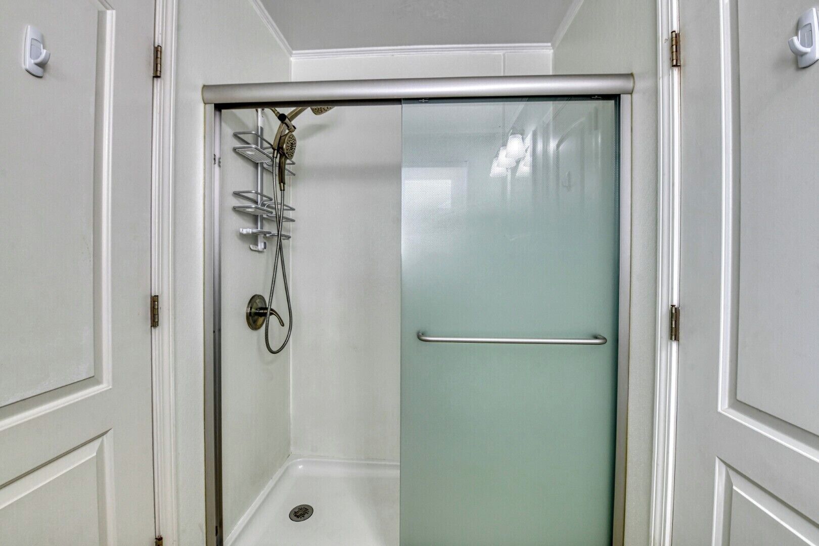 A small, enclosed shower area with a glass door, a handheld showerhead, and a towel bar.
