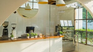 Cocina moderna con separador de vidrio, plantas en macetas y una cafetera.