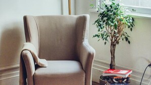 Una habitación con un sillón color beige, una planta en maceta y una pila de libros junto a una ventana.