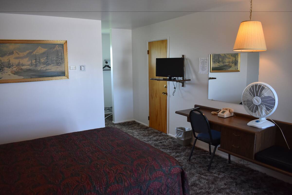 A hotel room with a bed, desk, chair, television, fan, and artwork on the walls.