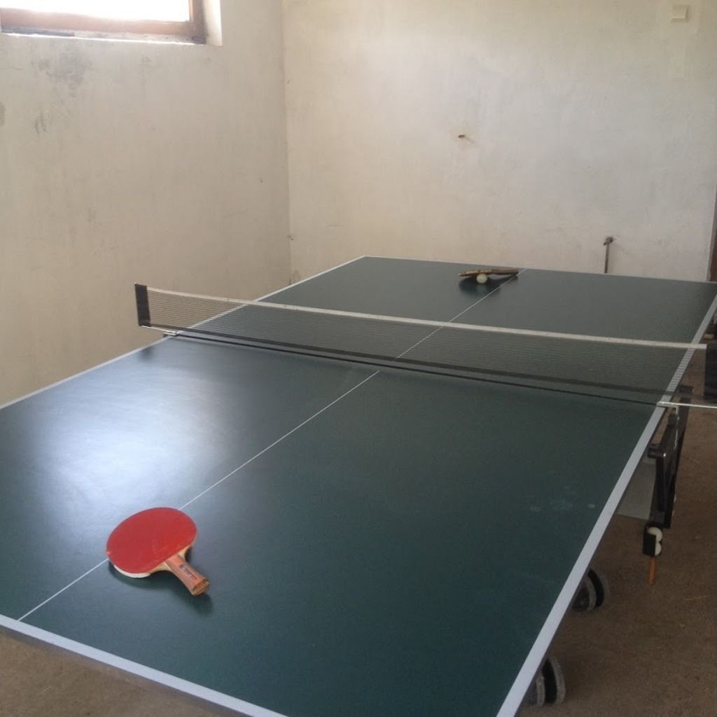 A ping pong table with a red paddle in the foreground and a green table in the background.
