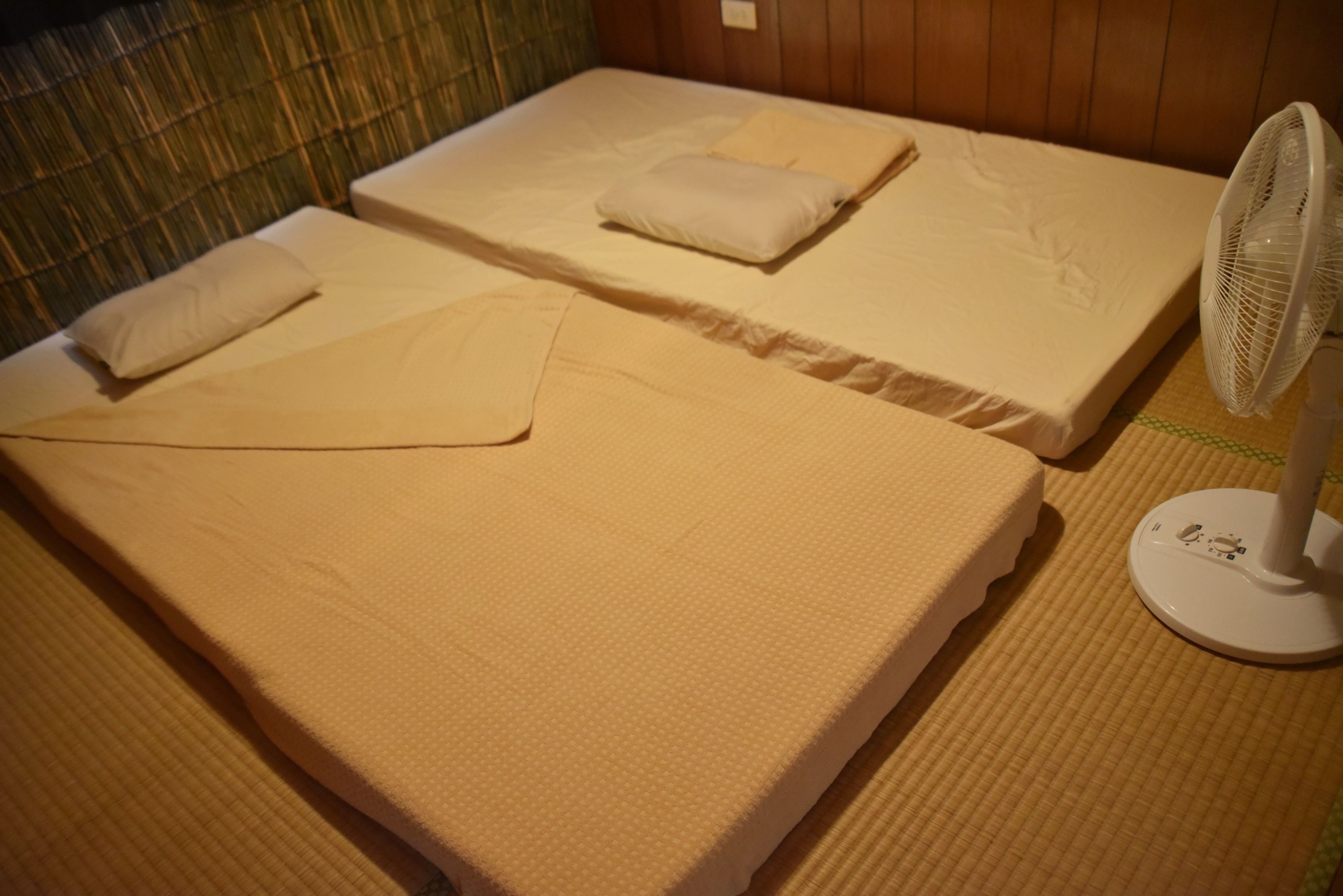 Dos camas individuales con almohadas y un ventilador de pie en una habitación con paneles de madera.