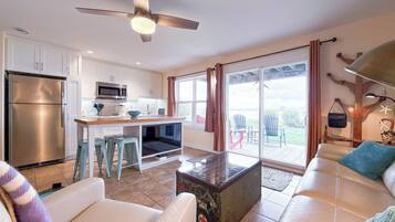 Smart TV, fireplace, books, offices