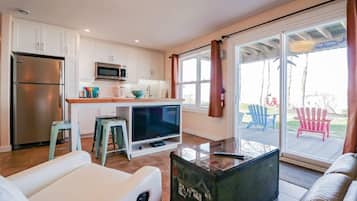 Smart TV, fireplace, books, offices