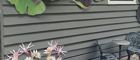 Un edificio con un muro decorativo con hojas y flores grandes, una pequeña mesa con sillas y una ventana.