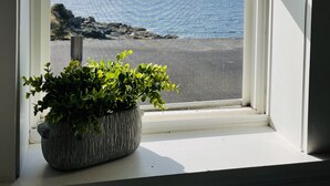 Ein Fenster mit Blick auf einen Strand und einem Blumentopf auf dem Fensterbrett.