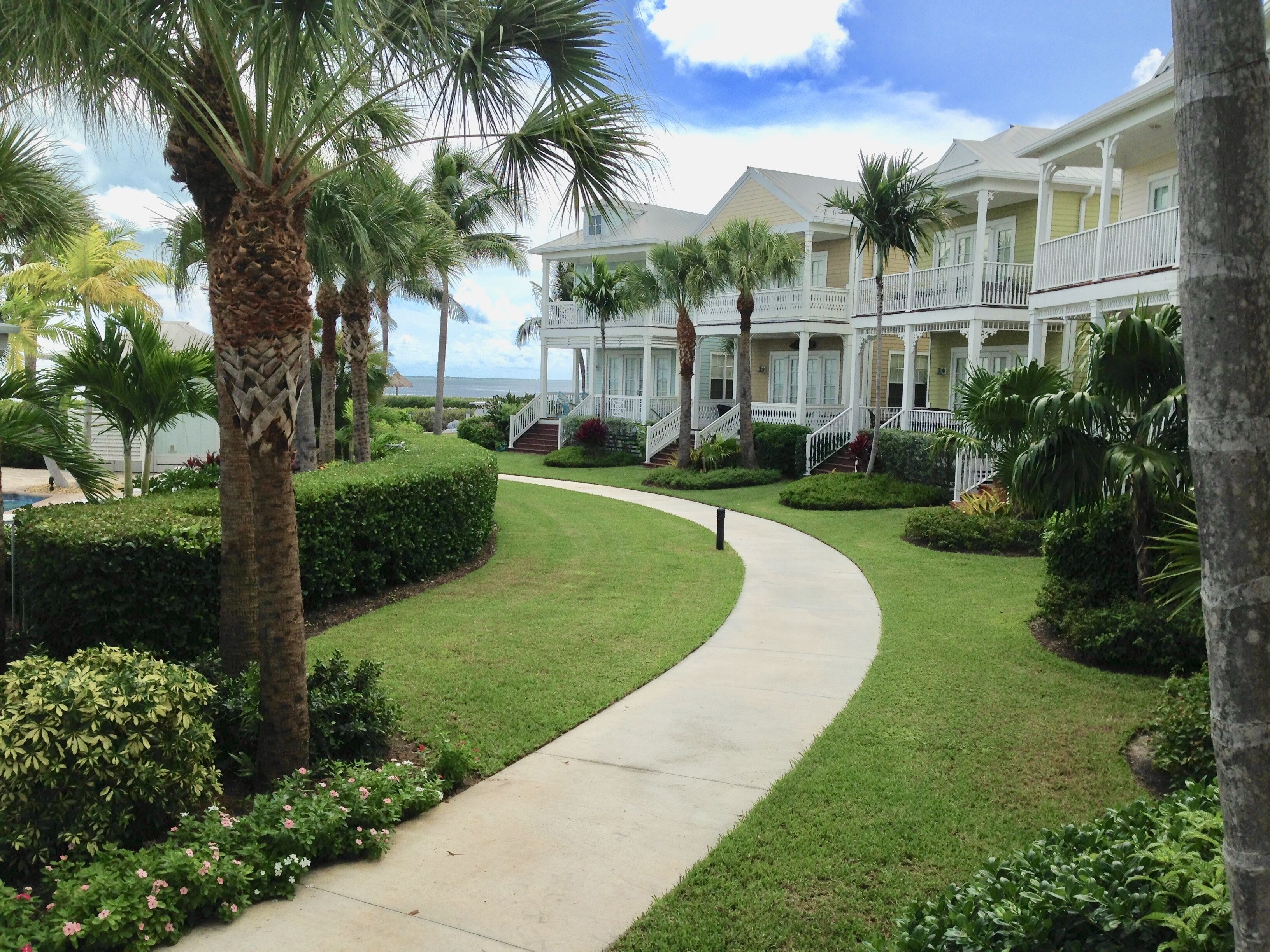 A resort with a curved pathway, palm trees, and a building with multiple balconies and a white exterior.