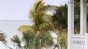 A poolside area with palm trees, a pool, and a white fence. - OCEANSIDE  ANGLERS REEF HOME- Gated community- Pool, Dock, Private Beach (Islamorada)