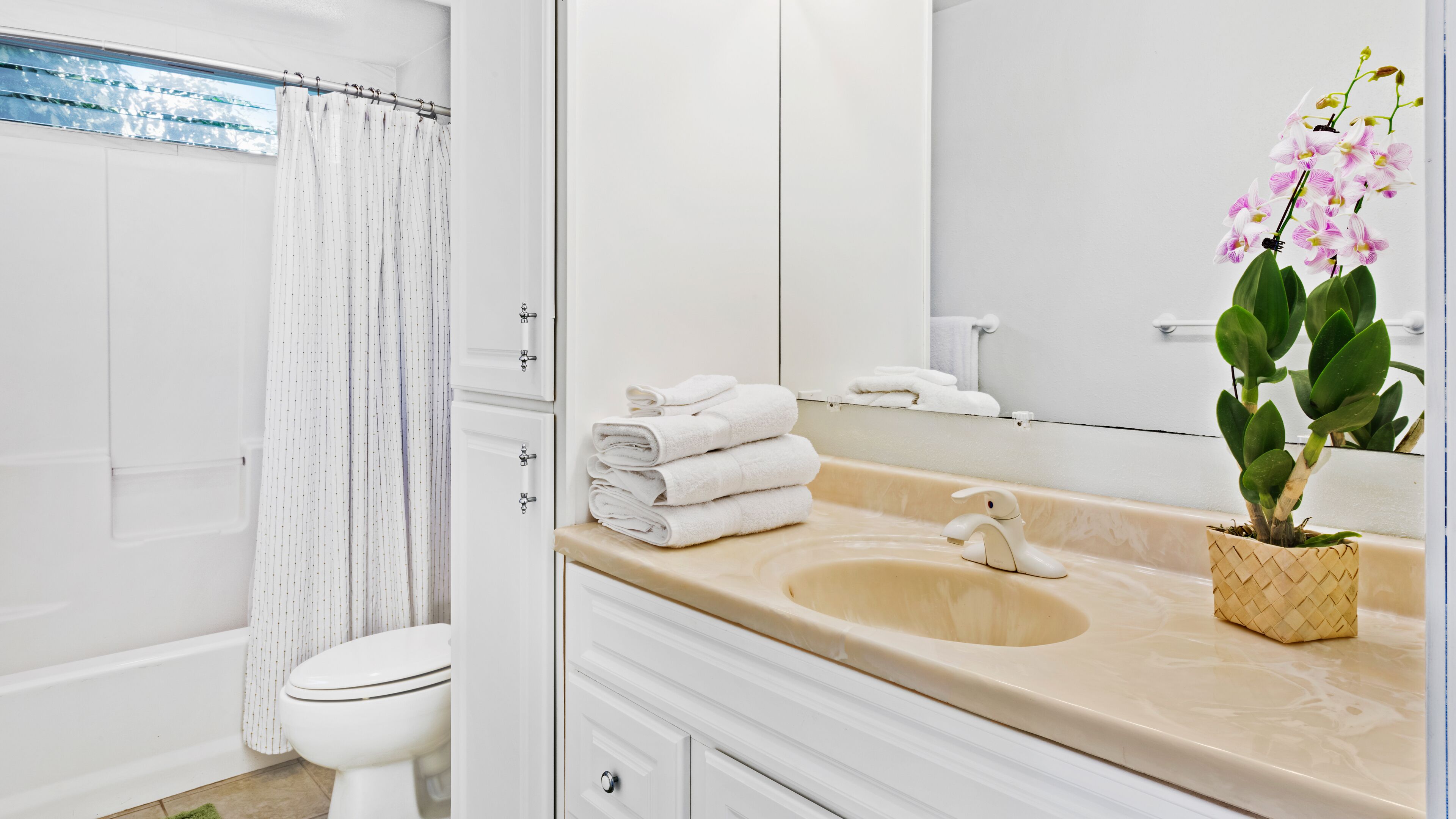 Combined shower/tub, hair dryer, towels, soap