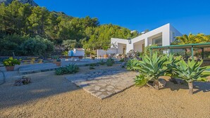 Ein modernes Haus mit Terrasse, Topfpflanzen und Bergblick.