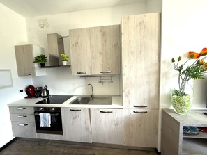 Une cuisine moderne avec des meubles en bois, un évier en acier inoxydable et un petit plan de travail.