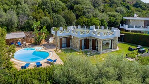 Une villa moderne dotée d’une piscine, d’une façade en pierre et d’une végétation luxuriante.