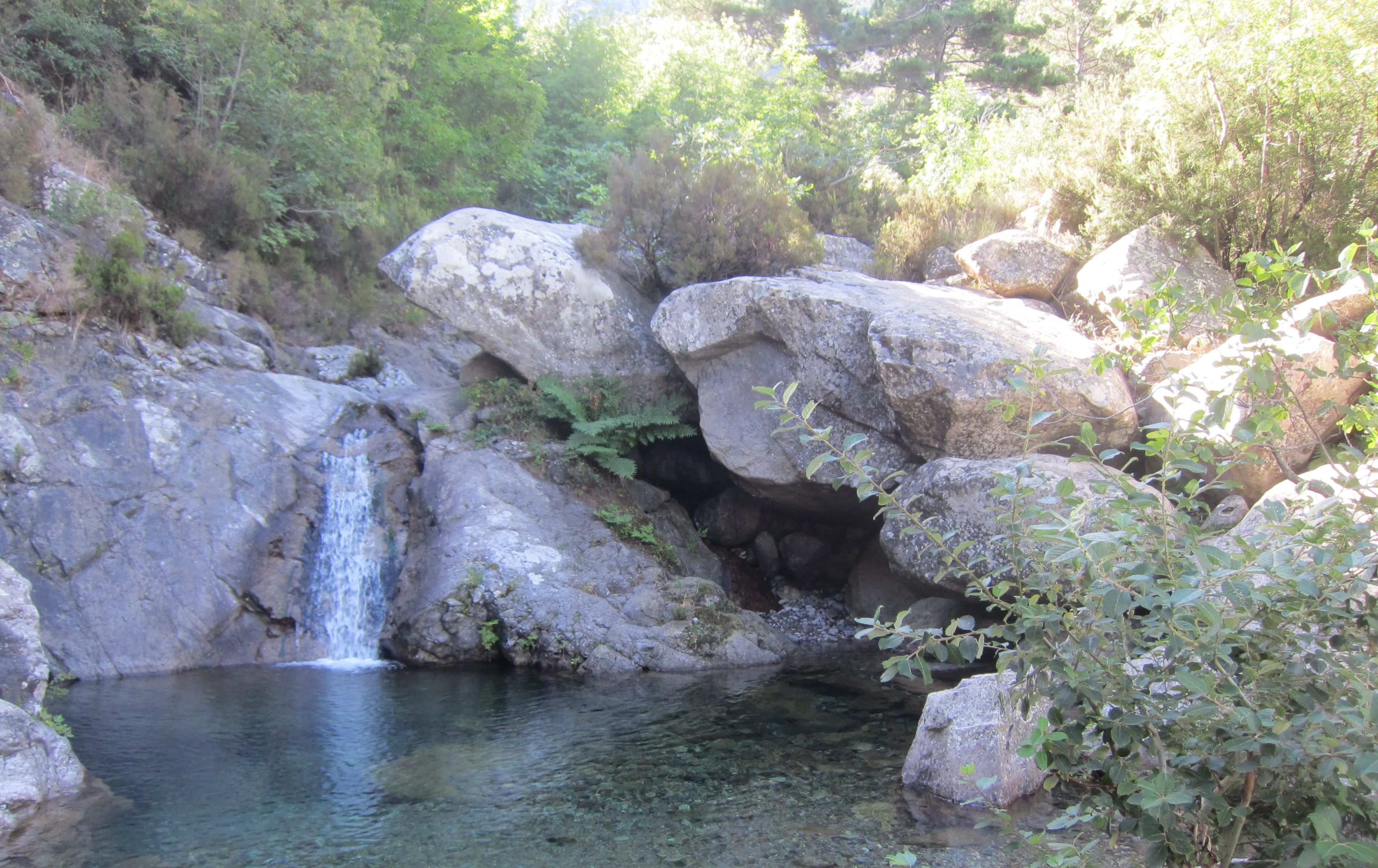 Paisaje natural con cascada, agua cristalina, rocas y vegetación circundante.