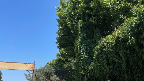 Une piscine aux eaux cristallines, dotée de chaises longues et d’une pergola.