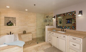 Shower, jetted tub, hair dryer, towels